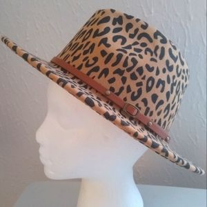 Leopard Print Hat w/Faux Leather Trim Banding
